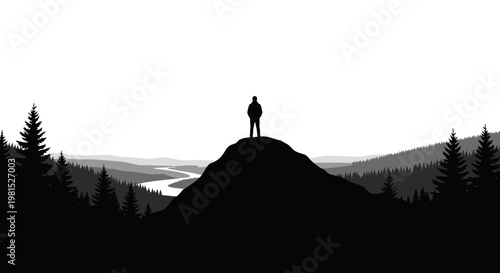 A lone figure stands atop a majestic mountain peak, surveying an expansive valley below, embodying the triumph of a personal journey and the serene, inspiring beauty of the wild
