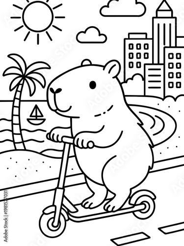 Capybara's City Adventure: a capybara cruises through a cityscape on a scooter, a playful cartoon illustration showcasing urban exploration and sunny day vibes.
