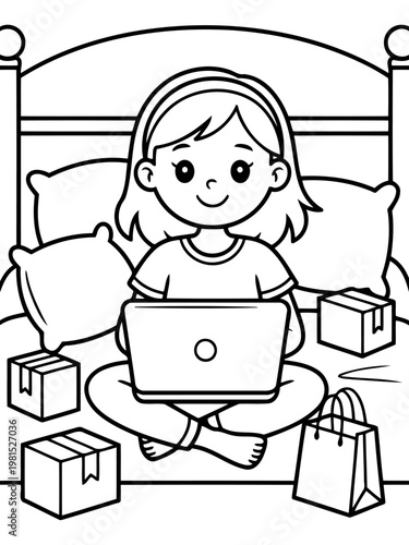 Online Business at Home: A youthful entrepreneur diligently works on her laptop, surrounded by parcels and shopping bags. Illustrating the ease of home-based enterprise and the modern work lifestyle.