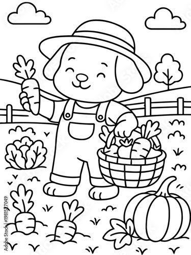Adorable Harvest Pup: A charming cartoon depiction of a joyful pup farmer, meticulously harvesting fresh carrots in a bountiful garden scene, celebrating a successful harvest.