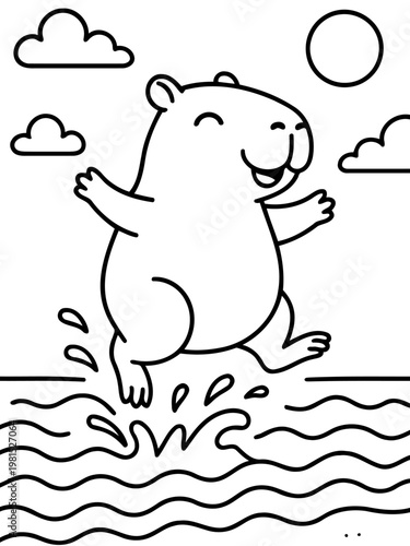 Joyful Capybara's Splash: An animated capybara joyfully leaps into water, splashing with glee under a cheerful sun, capturing a moment of pure, playful delight.