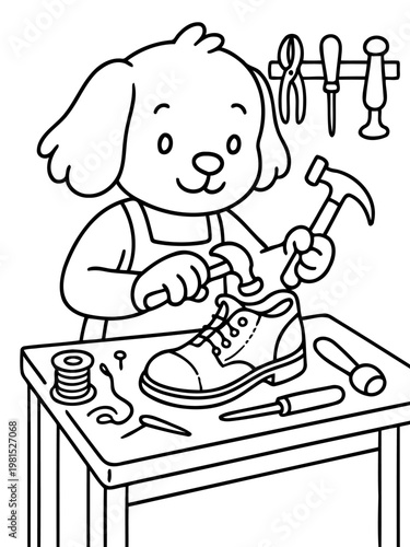 Dog Cobbler at Work: A charming canine cobbler diligently repairs a shoe on his workbench, using tools such as a hammer, needles, and thread, representing dedication to craft and attention to detail.