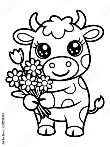 Cow with a Floral Bouquet: A charming monochrome illustration of a smiling cow, holding a delicate bouquet of flowers, radiates innocence and joy.