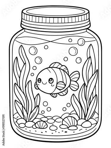 Whimsical Underwater World: A charming monochrome illustration of a smiling fish swimming gracefully within a mason jar, encircled by aquatic plants and effervescent bubbles.