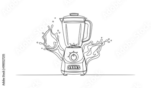 A minimalist line art illustration of a blender with liquid splashing around it