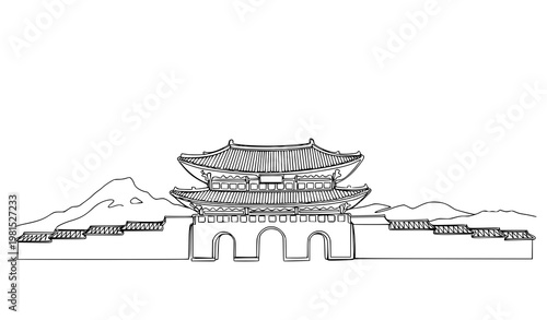 A traditional Asian temple gate with mountains in the background