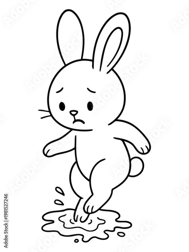 Hop into a Puddle: A charming rabbit with a forlorn expression navigates a puddle, its delicate form and simple lines capturing a sense of vulnerability and innocence.