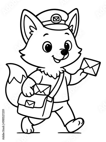 Fox the Postman: A charming fox, embodying a dedicated mail carrier, strides forward with a cheerful expression, holding letters, and carrying a bag, radiating helpfulness and community spirit.