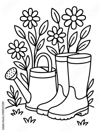 Gardening Essentials Illustration: A charming line art illustration depicts the core elements of a garden, including a watering can, wellington boots, and flourishing flowers.