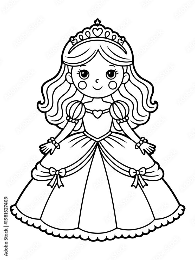 Fototapeta premium Royal Princess Illustration: A captivating line art illustration of a princess, showcasing her regal attire, crown, and gentle smile.