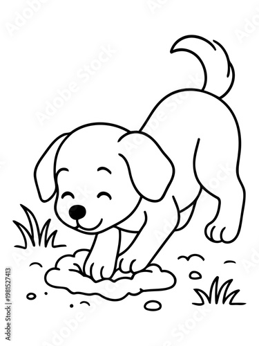 Playful Puppy's Digging Adventure: A cheerful illustration captures the delightful moment of a puppy joyfully digging in the grass, radiating warmth and playful energy.