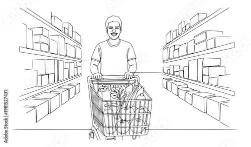 A man pushing a shopping cart through the aisles of a grocery store