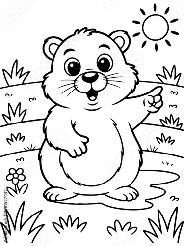 Joyful Groundhog in a Sunny Garden: An animated, adorable groundhog smiles brightly while gesturing towards the warm sun in a field.