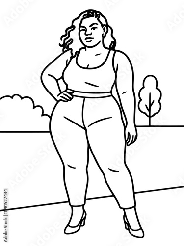 Confident Woman in a Stylish Pose: A modern, line art illustration of a confident woman in fashionable attire, exuding elegance and self-assuredness. The image is a celebration of body positivity.