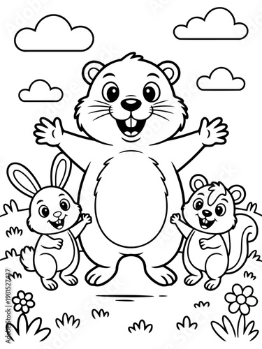 Friendly Forest Companions: A heartwarming illustration features an exuberant groundhog embracing a friendly bunny and a cute skunk amidst a backdrop of fluffy clouds and cheerful flowers.