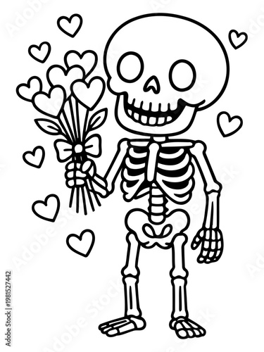 Loving Bones: A charming skeleton, clutching a bouquet of heart-shaped flowers, expresses a unique symbol of affection and love. A quirky embodiment of warmth and romance.