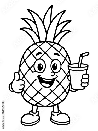Smiling Pineapple with Refreshing Drink: An animated pineapple character, brimming with happiness, holds a refreshing drink. The pineapple is smiling while gives a thumbs-up.