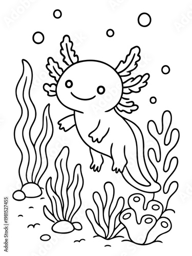 Axolotl in Underwater Paradise: A charming axolotl swims gracefully amidst aquatic plants and bubbles, creating an enchanting underwater scene.