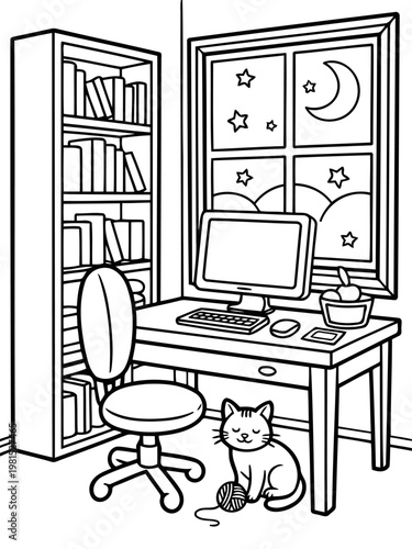 Night Owl's Study Nook: A cozy workspace for a nocturnal reader, complete with a bookshelf, desk, a friendly feline companion, and a window framing a celestial night sky. 