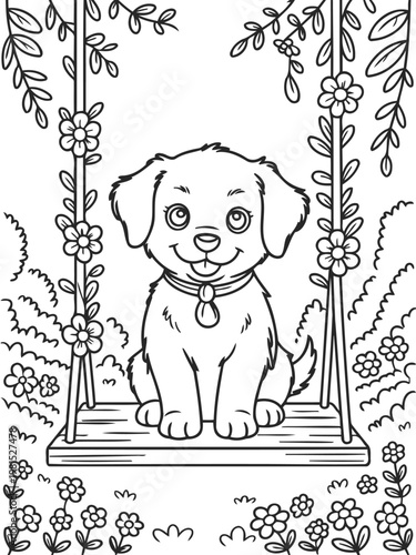 Joyful Pup on a Swing: An adorable puppy joyfully enjoys a playful moment, perched on a swing amidst a serene garden setting, exuding an aura of happiness.