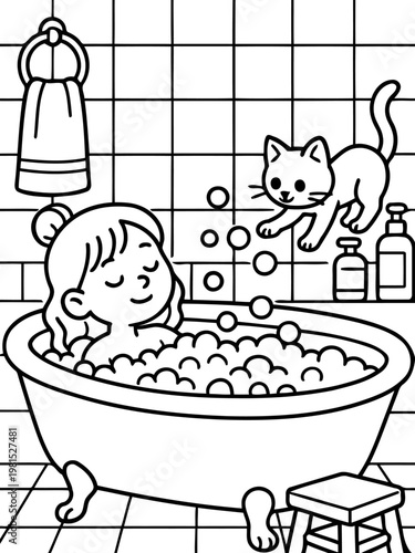 Relaxing Bathtime: A charming cartoon depicts a girl immersed in a bubble-filled bathtub, accompanied by her playful kitten, creating a scene of cozy tranquility.