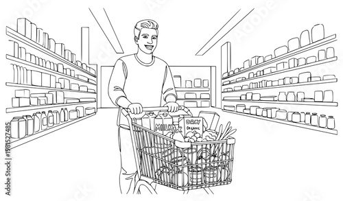 A man shopping with a cart full of groceries in a supermarket aisle
