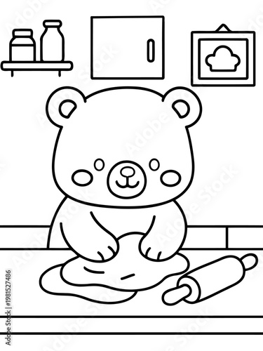 Bear baking: A cute bear bakes in the kitchen, dough being kneaded. A baking concept is shown here, perfect for children or bakery promotion.
