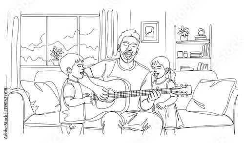 A heartwarming family moment with a father playing guitar for his children