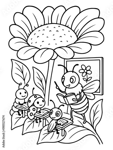 Flower School's Lesson: A charming bee teacher educates a group of attentive insect students, fostering a playful and educational atmosphere amidst the beauty of nature.