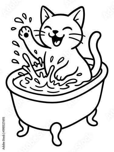Joyful Cat's Bath Time: A cheerful cartoon cat revels in a playful bath, splashing water with delight and exuding pure joy.