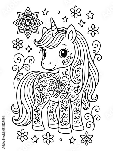 Mystical Unicorn Coloring Page: An enchanting, detailed illustration of a unicorn, adorned with floral patterns, stars, and swirling designs, ideal for coloring enthusiasts and fantasy lovers alike.