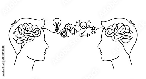 Abstract human brain profiles connected by a continuous line drawing, symbolizing idea exchange, communication, and collaborative thought process in a conceptual vector graphic illustration design.