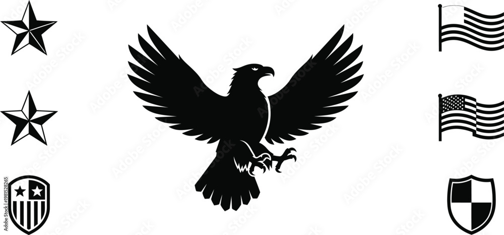 Fototapeta premium American patriotic symbols eagle flags and stars on a white background