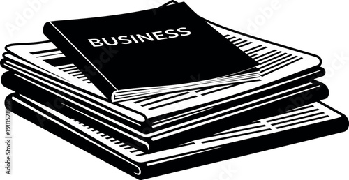 A stack of newspapers and a business publication in a black and white illustration