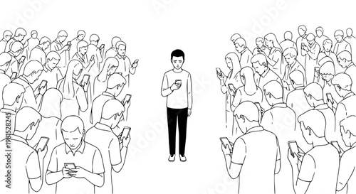 Digital isolation vector illustration showing a lonely person surrounded by a crowd absorbed in their smartphones. Modern graphic depicting social media disconnection .