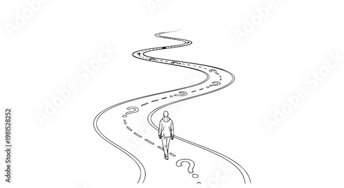 Roadmap question mark vector illustration depicting a lone person walking on a winding path toward an uncertain future representing business challenges strategic decision making and finding solutions 