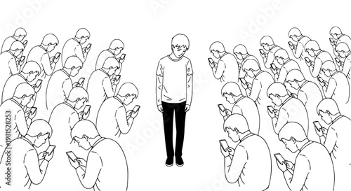 Digital addiction vector illustration showcasing social isolation caused by widespread smartphone use. One person stands alone, feeling disconnected amidst a large crowd absorbed by mobile technology.