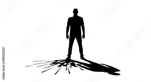 Man silhouette standing on a shattered ground surface vector illustration showing a person casting a long dark shadow representing isolation loneliness or the impact of personal power .