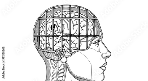 Mental prison illustration featuring a human silhouette with a brain inside a cage where a trapped person sits representing psychological struggle, depression, stress, anxiety, and trapped mindset .