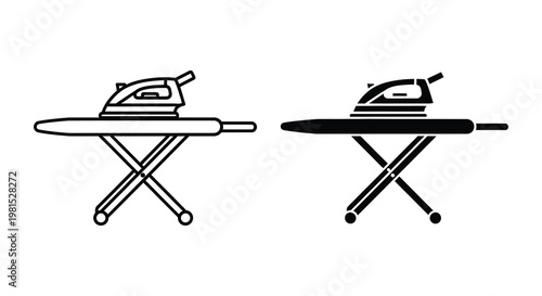 Two depictions of an iron and ironing board in a flat black silhouette