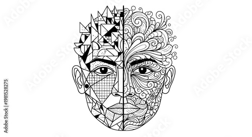 Abstract face illustration showcasing human mind duality with intricate geometric patterns and ornate organic swirls. Vector graphic design concept representing creativity, logic, and artistic balance