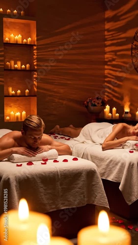 Women relaxing on massage tables in a dimly lit spa room with candles