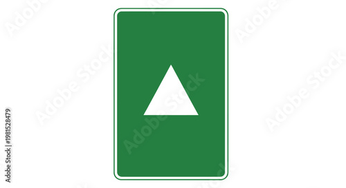 Green directional sign with white triangle pointing upwards, indicating direction or information