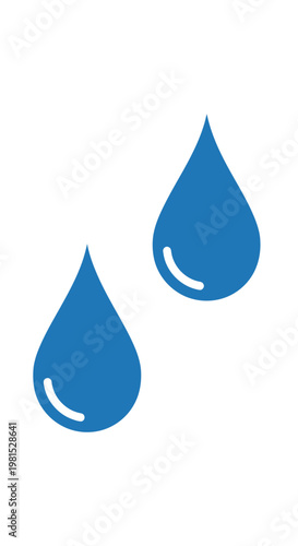 Two Blue Water Droplets Falling, Clear Liquid Drops, Abstract Fluid Shapes, Isolated on White