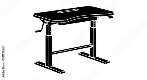 A black silhouette vector of a manual adjustable standing desk designed for ergonomic workspace optimization. Ideal for content related to office wellness, ergonomic equipment, and contem