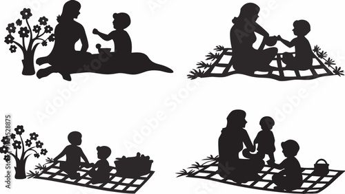 A modern family scene featuring a mother pushing a baby stroller and a father walking alongside an older child, all captured in a cohesive silhouette illustrating active parenting and family outings.