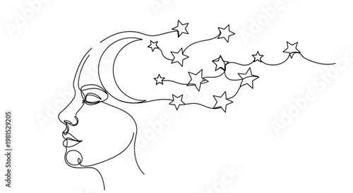 High Quality Black Continuous Line Dream Face – Minimal Moon & Stars Sleep Illustration