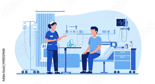 Nurse talking to patient in hospital room with medical equipment