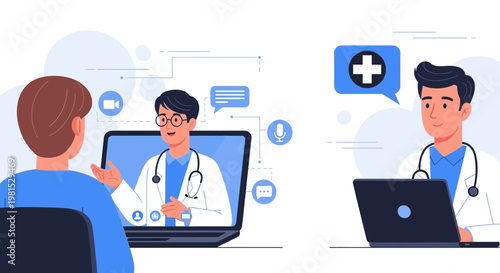 Online Doctor Consultation: Patient and Doctor Telemedicine via Laptop, Healthcare Technology