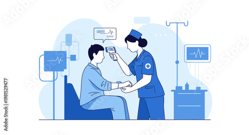 Nurse taking patient's temperature with digital thermometer in hospital room, healthcare concept